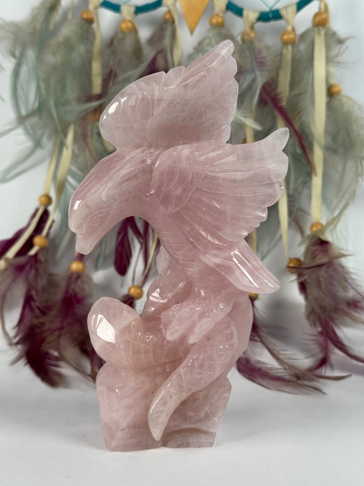 Rose Quartz Eagle with snake
