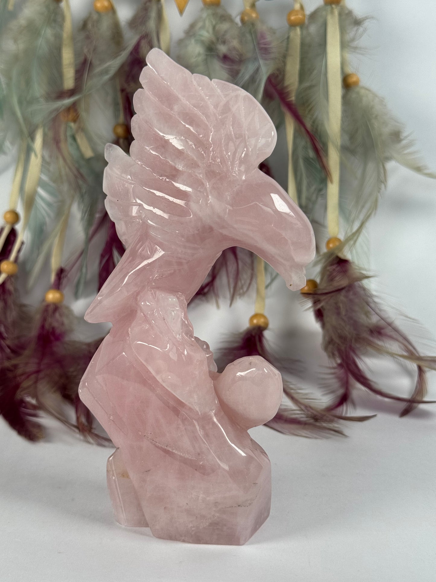 Rose Quartz Eagle with snake